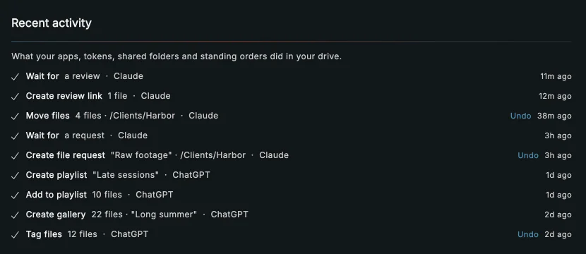 Recent activity: what Claude and ChatGPT did in the drive, newest first, from making a review link and moving files to creating a playlist and a gallery and tagging files.