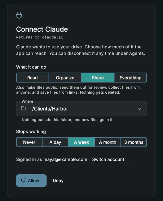 Connecting Claude to the drive: set to share, held to /Clients/Harbor, and to stop working in a week, with Allow and Deny.