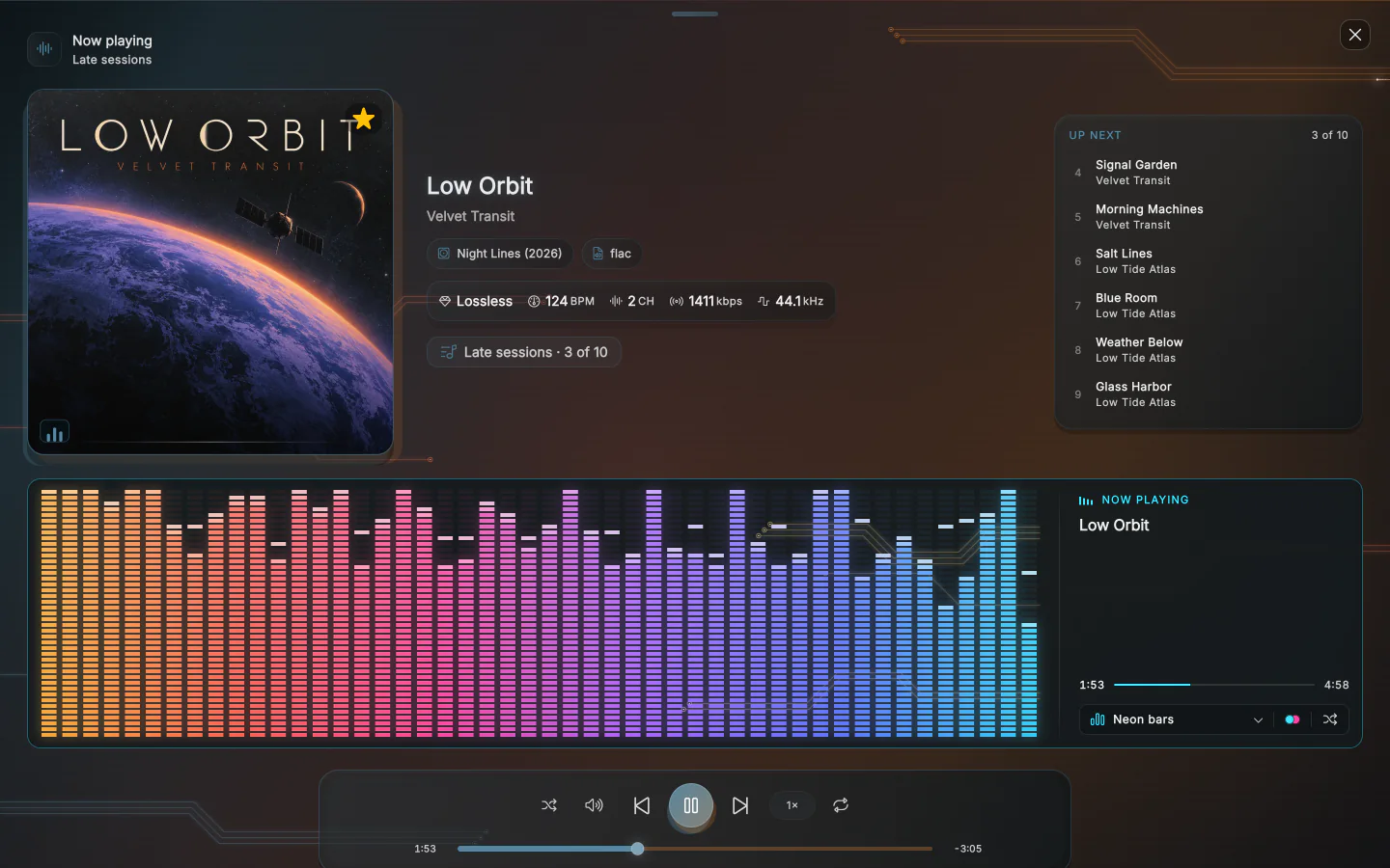 The full-screen player: Low Orbit by Velvet Transit beside its cover, its format and tempo, what's up next, and its spectrum as bars across the width.