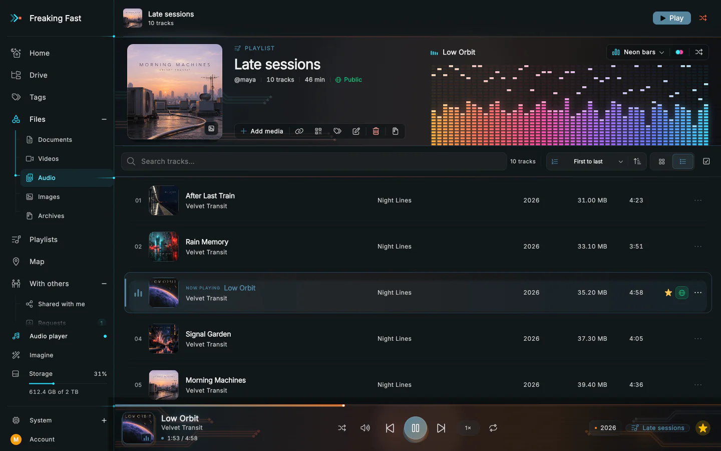 A playlist of ten tracks with their covers, the playing track's spectrum at the top and the player along the bottom.